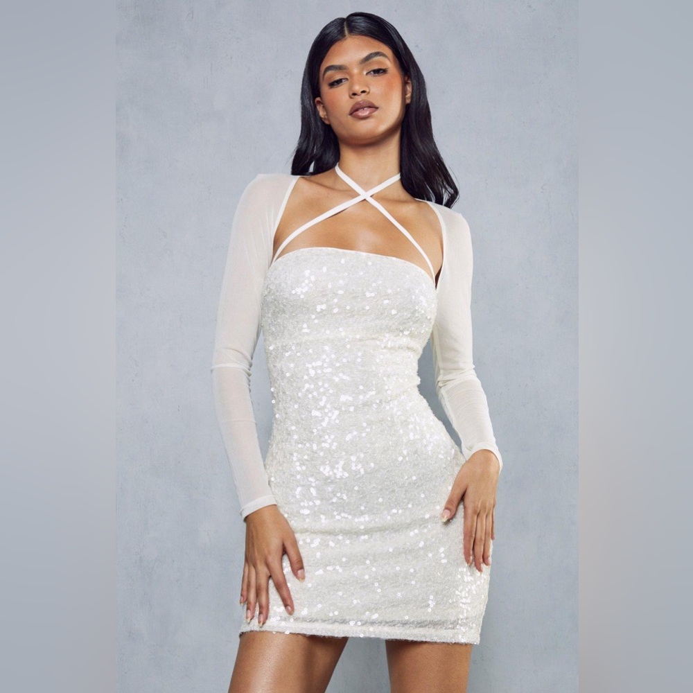 Premium Sequin Cross Strap Mesh Sleeve Dress